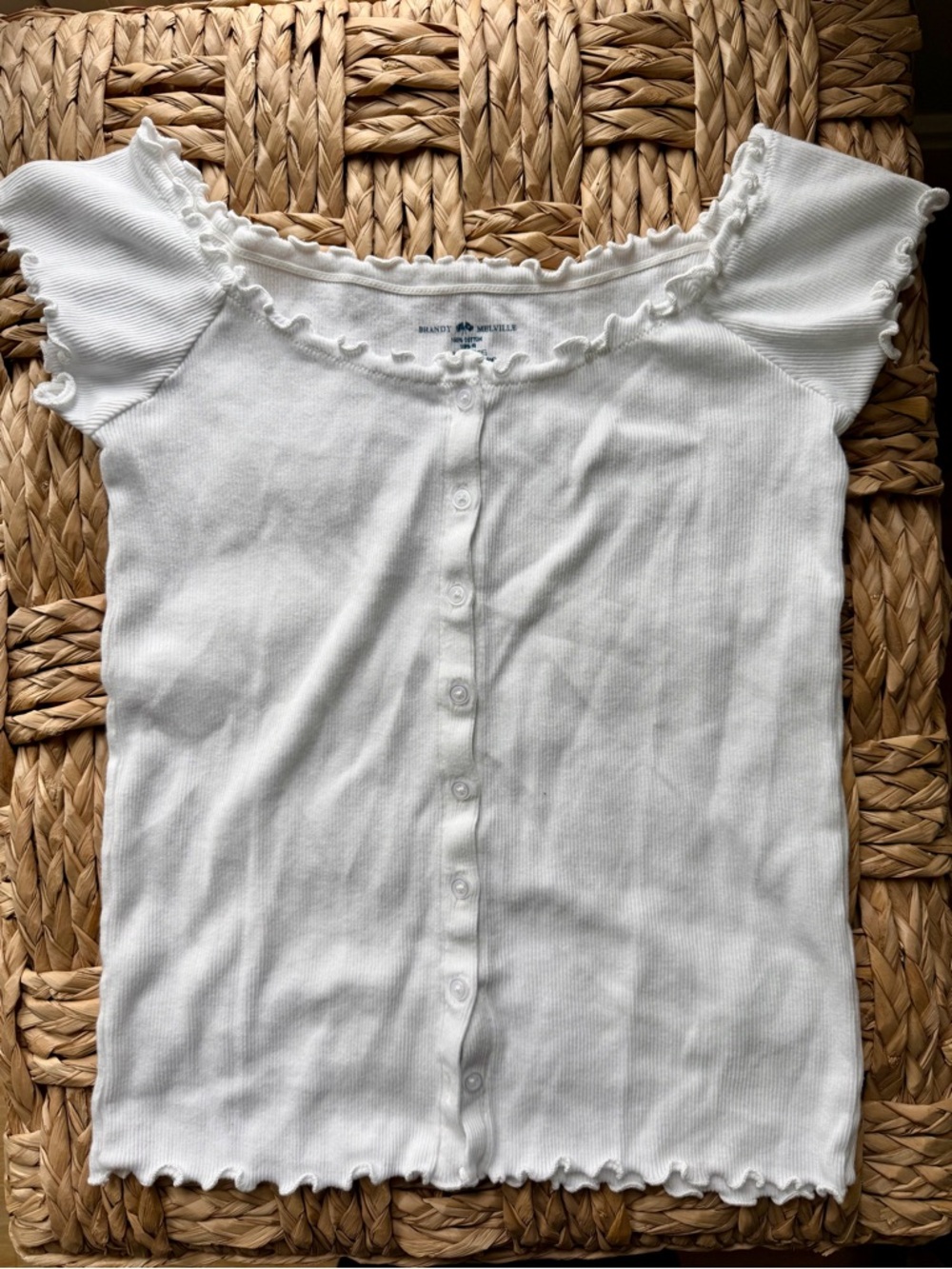 BRANDY MELVILLE White Cotton Button Ruffle Tee